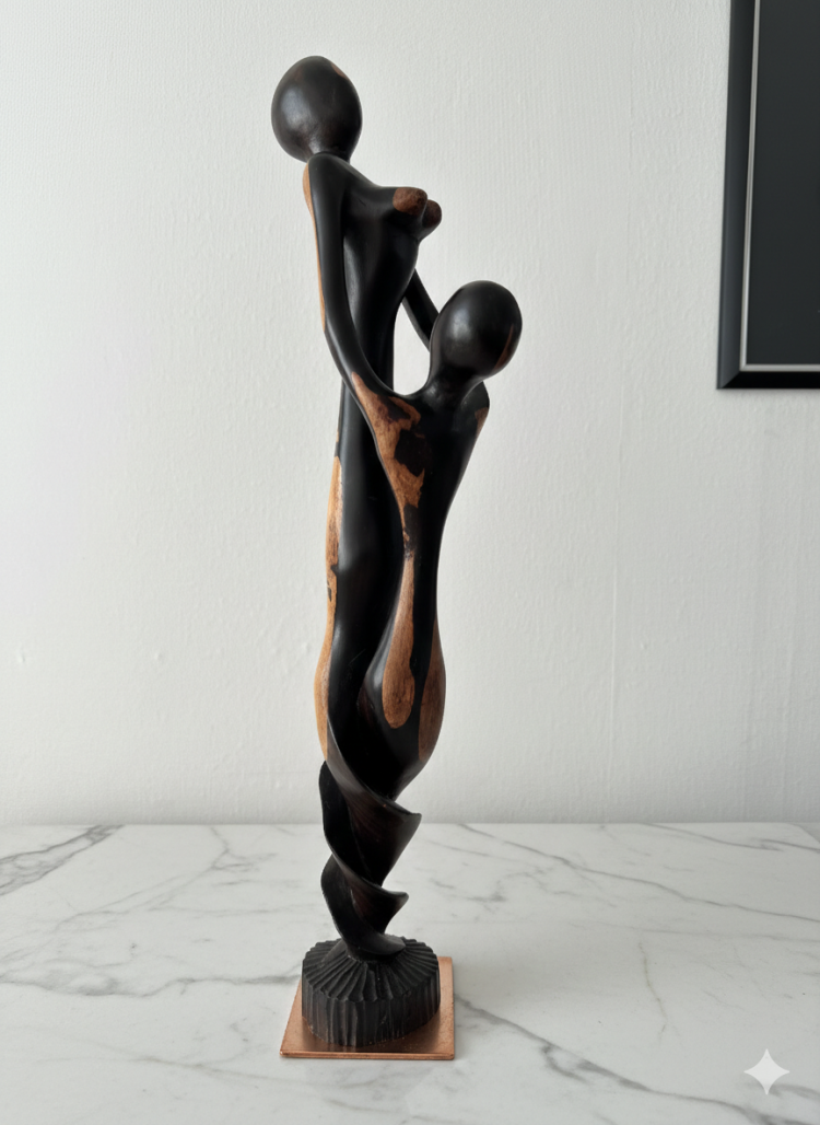 Hand-Carved Abstract African Wood Sculpture - "Mother and Child"
